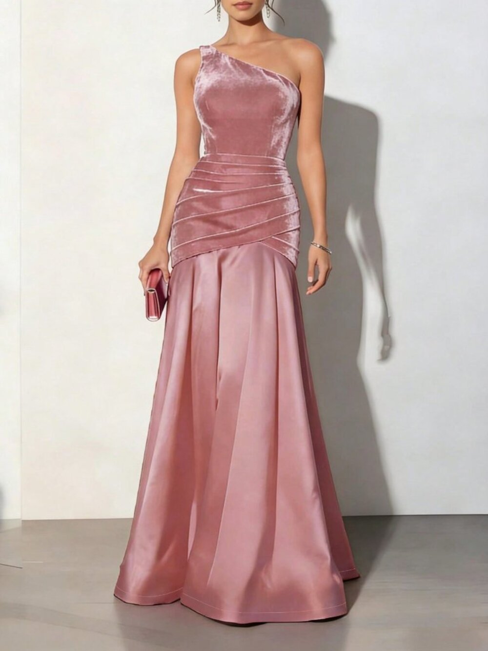 Pink Elegant One shoulder Velvery Stain mix Formal Maxi dress